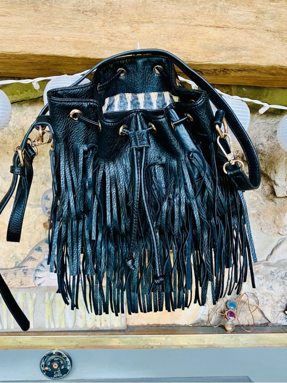 Urban Expressions Black Fringe Bucket Crossbody Bag